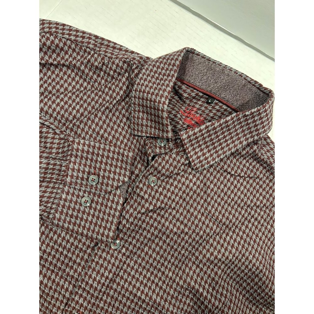 Luchiano Visconti Burgundy‎ Houndstooth Long Sleeve Button Down Mens Large